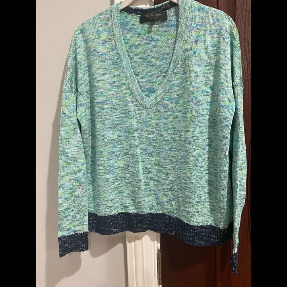 RAG & BONE  V-Neck  Marled Blue Green Knit Sweater